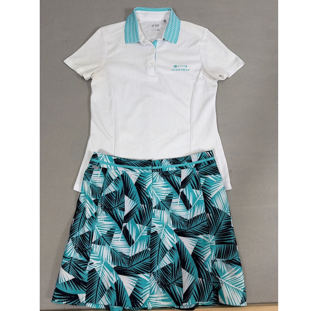 Nivo Womens Golf Set White Polo Shirt Teal Tropical Palm Print Skort Size M